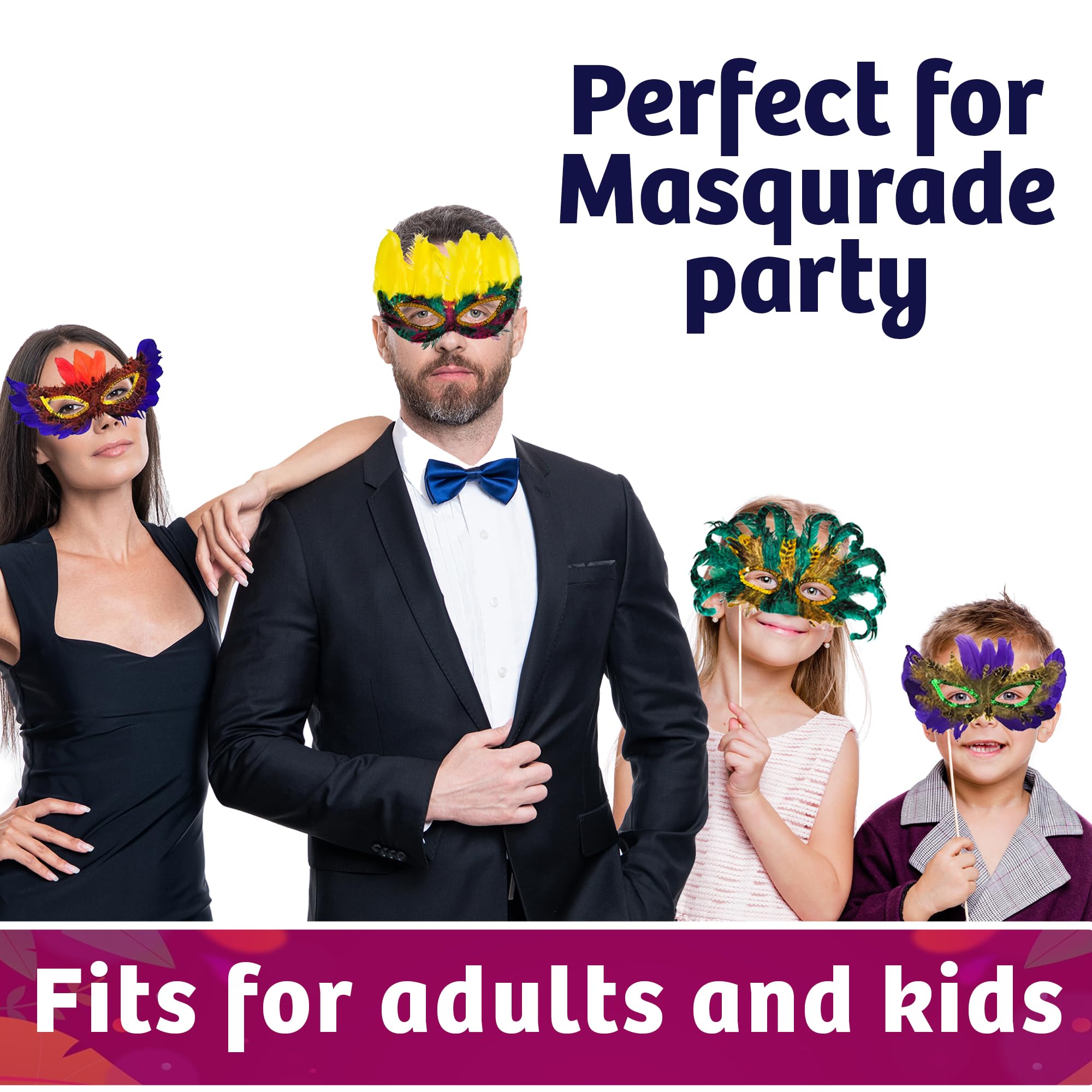 Bedwina Mardi Gras Masks - (Pack of 12) Bulk Carnival Masquerade Mask Costume Party Supplies, Feather Mardi Gras Decorations for Women, Men and Kids